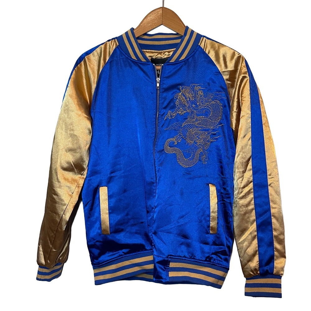 Copper Rivet Blue Gold Dragon Embroidered Souvenir Bomber Jacket Mens Medium